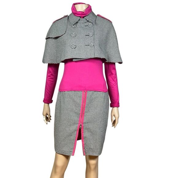 Vintage J Jodi Houndstooth Wool Cape Jacket and Skirt Set with Fuchsia Mock Neck - Picture 1 of 16